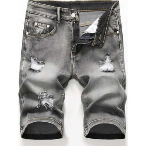 Mens Denim Shorts Torn 2021 Hot Summer Breeches Hole Distressed Bermuda Male Stretch Knee Length Vintage Short Jeans Shorts Men