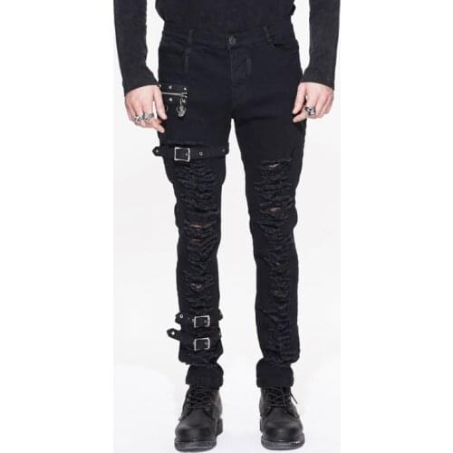 Punk Rock Men Jeans Caual Long Pants Holes Metal Pencil Pants Personality Trousers Black Jeans Performance Costume
