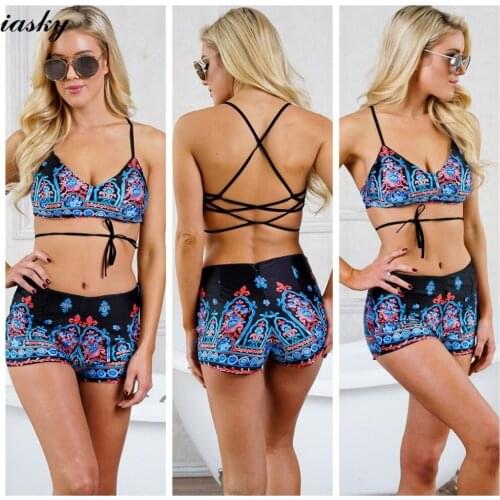 IASKY 2019 New Retro print Bikinis Women Swimsuit With Shorts Bikini Sets backless swimsuit swimwear Bathing Suit Beach Wea