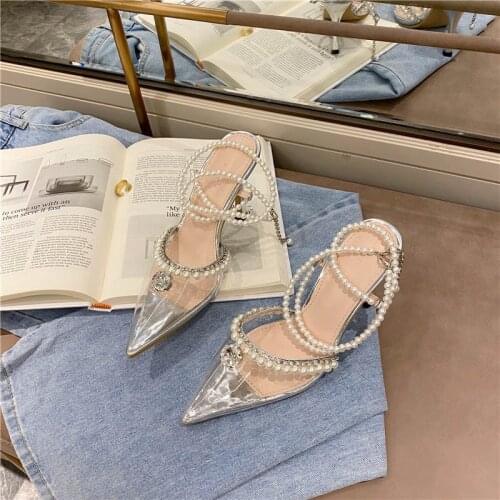2020 New Fairy Style Transparent Pearl Sandals Pointed Bow Rhinestone Stilettos