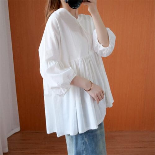 2021 New Loose Big Size Womens Summer Thin Blouse Fashion V-neck White Shirts Cotton And Linen Shirt Female Casual Tops aq542