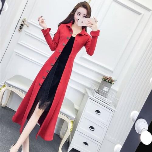 Spring and autumn new womens temperament long-sleeved lapel single-breasted deer suede slim long trench Windbreaker