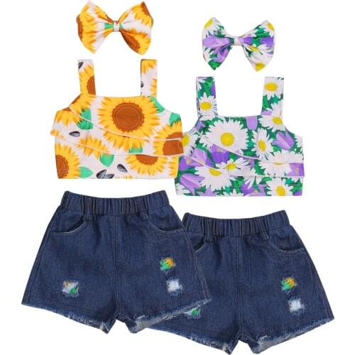 0-5Y Fashion Clothing Summer Kid Baby Girl Clothes Outfit Sunflowers Print Sleeveless T shirt Denim Shorts Headband