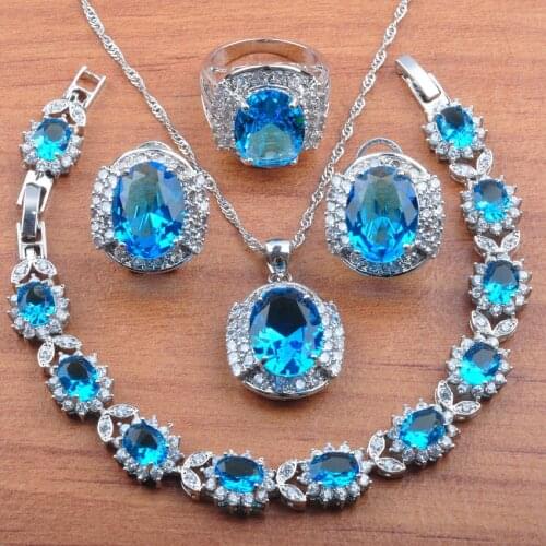 Amazing Sky Blue Crystal Jewelry Sets Christmas Wedding jewelry Women Earrings Necklace Pendant Ring Bracelets JS0239