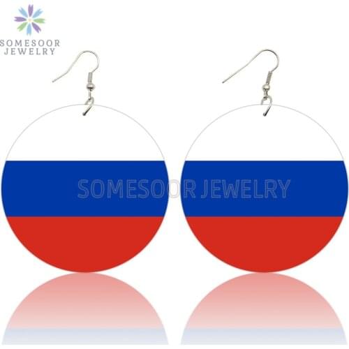 SOMESOOR Vintage Russian Federation National Flags Design Wooden Drop Earrings 6cm Round Pendnat Dangle Jewelry For Women Gifts