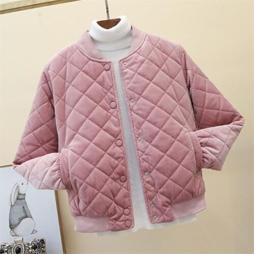 Autumnl Winter Women Gold Velvet Parkas Female Stand Collar Cotton Bomber Jackets Argyle Jacket Down Cotton Coats Outwear WZ627