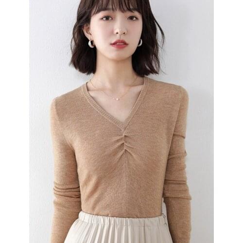 New Spring and Autumn Pure Wool Sweater Womens V-neck Cashmere Pullover Fashion Warm Criss-Cross Slim Knitted Sweater
