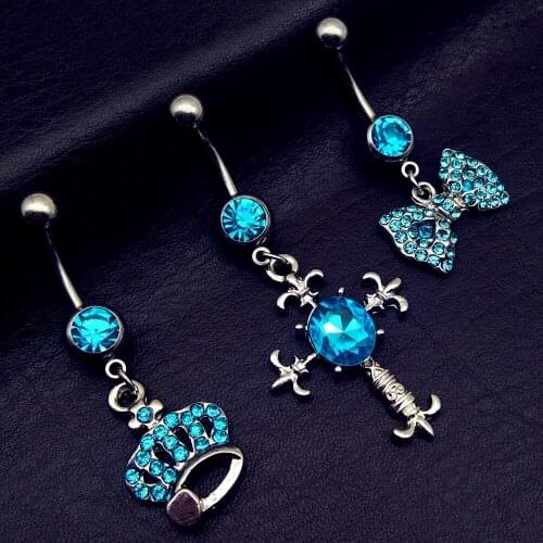 3pcs 2019 new arrivals blue cross crown bow mix style dangling navel belly bar button rings body piercing jewelry free shipping