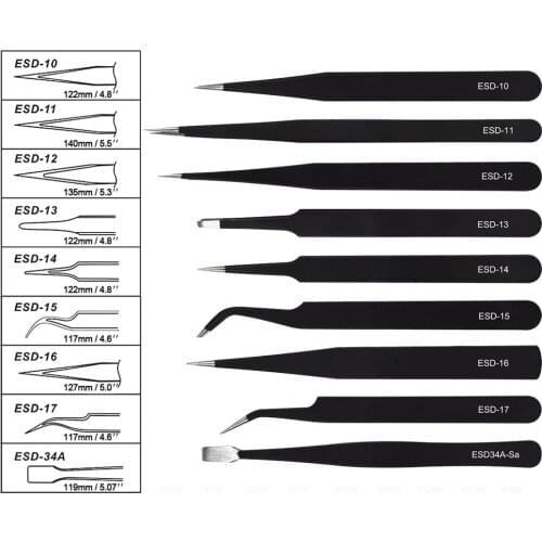 9PCS Anti-static ESD Stainless Steel Tweezers Maintenance Tools Industrial Precision Curved Straight Tweezers Repair Tools