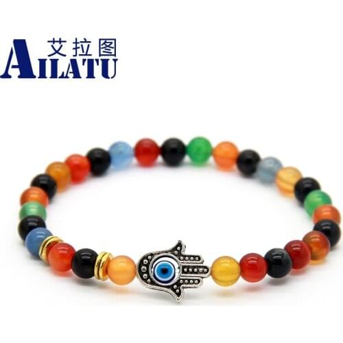 Ailatu Free Shipping Hot Sale Protection Hamsa Fatima Hand Bracelets with 6mm Natural Stone Beads Mens Ethic Jewelry