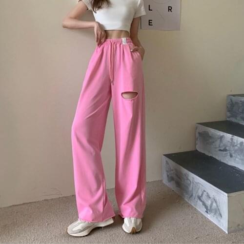 2021 Casual Sweatpants Women Summer Hole Wide Leg Pant Loose High Waist Straight Trousers Korean Chic Drawstring Pantalon