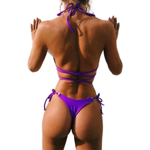 Hirigin Neon Bikini Women Sexy Swimwear Bandage Push Up Padded Swimsuit Women Bathing Suit Halter Beachwear Monocini Pure Color