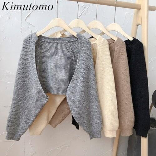 Kimutomo Solid Knit Cardigans Women 2021 Autumn Korea Style Female V-neck Batwing Sleeve Loose Casual Short Sweater Elegant