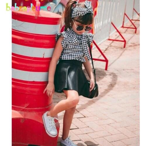 3PCS Kids Summer Boutique Outfits Toddler Girl Clothes Fashion Bow Sleeveless Plaid T-shirt+PU Skirt Children Clothing Sets 1902