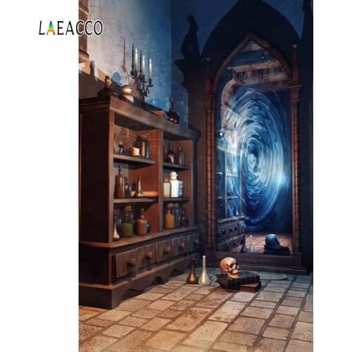 Laeacco Vintage House Retro Bottle Shelf Magic Channel Mirror Skull Baby Portrait Photography Backdrops Photo Backgrounds Studio