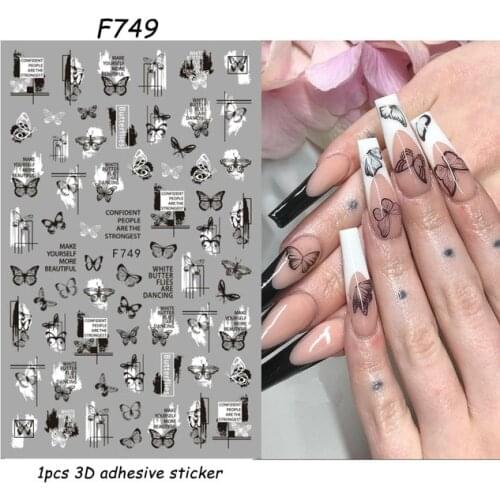 Nail Stickers Ins Punk Fengxin Art Line Butterfly Black and White 3D Gum Nail Art Decoration Nail Decal Stickers Designer Nails