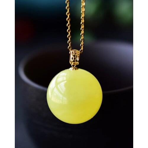Natural Yellow Amber Necklace Round Sphere 14K Gold Women Pendant 18mm Healing Gemstone New Gift Crystal AAAAA Certificate