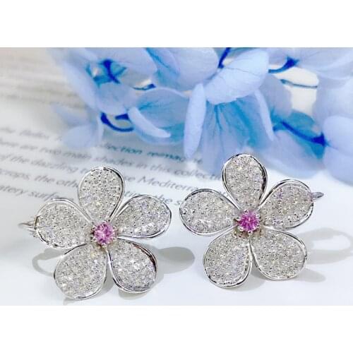New Shiny Single Big Flower Earrings Cute Stud 925 Sterling Silver Pink Zircon Earrings for Women Ear Studs Dating Jewelry