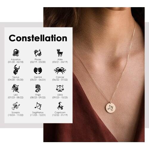 JUJIE Stainless Steel Zodiac Signs 12 Horoscope Constellations Pendant Necklaces For Women Girl Femme Charm Jewelry