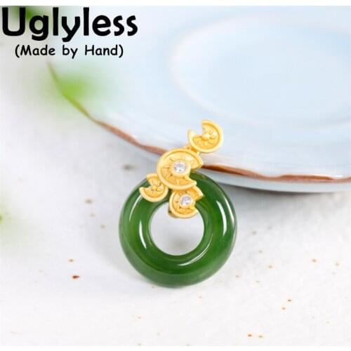 Uglyless Peace Buttons Natural Jasper Necklaces for Women Real 925 Silver Moons Pendants Gemstones Ethnic Jewelry Gold + Chains
