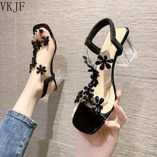 Roman Sandals 2021 Summer Womens Shoes New Fashion Crystal Transparent Flower Thick Heel High Heels Sandals Gladiator Sandalias