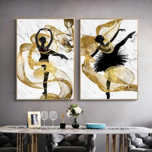 Modern Nordic Abstract Dancing Ballet Girl Golden Lines Canvas Painting Wall Art Poster for Girl Room Dance Studio Decoration