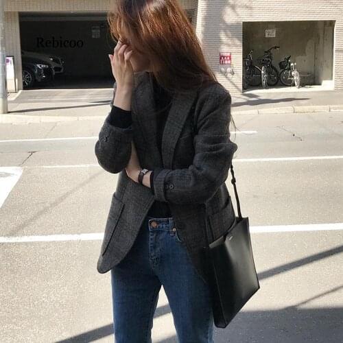 Vintage 2020 Spring Jacket Women Coat Korean Style Plaid Outwear Casual Notched Office Wear Work Jackets Blazer
