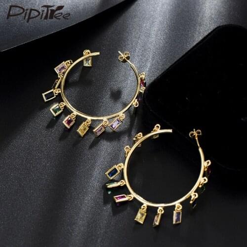 Pipitree Bigger Square Multicolor Cubic Zirconia Women Large hoop Earrings Gold Color Round Circle Earrings Jewelry Pendientes