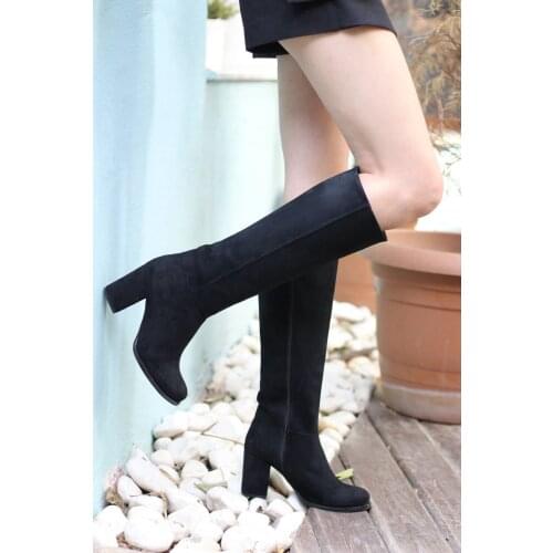 Modabuymus Round Toe Black Suede Thick Heel Women 'S Boots-Barkab