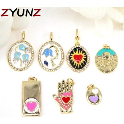 10PCS, Shiny Gold Heart Tags Charms, Enamel Geometric Pendant Charms, Hamsa Hand Penndant , Flower Oval Charms