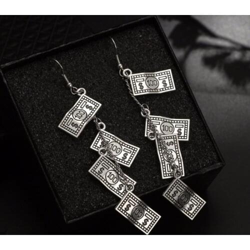 Antique Sliver Funny 100 Dollar Bill Money Currency Dangle Earrings For Women