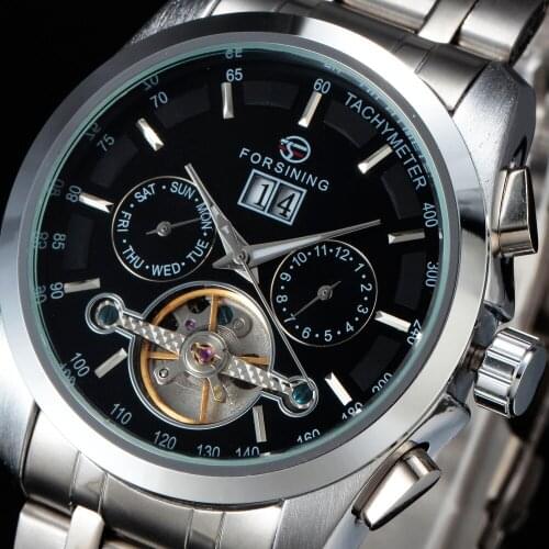 New FORSINING Luxury Stainless Steel Watches Tourbillon Automatic Wristwatch Auto Date Calendar Dial Men Dress Mechanical Watch