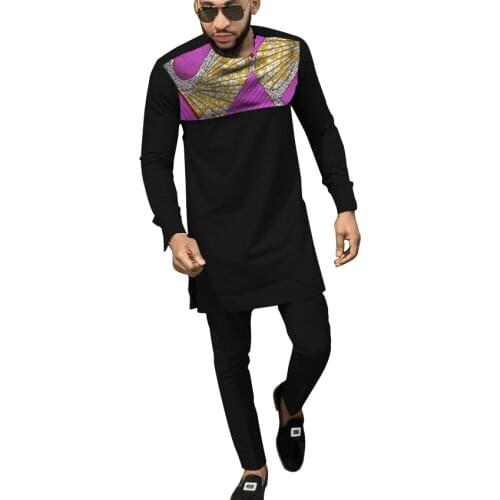Black African Cothes For Men Dashiki National Man Patchwork Shirt With Solid Long Pant Custom Made Africa Clothing