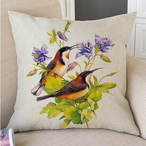 Decorative Home Sofa Throw Pillow Cover Hand Drawn Floral Birds Oriole Magpie Cuckoo Rain Forest Flower Plants Art Cushion Cover