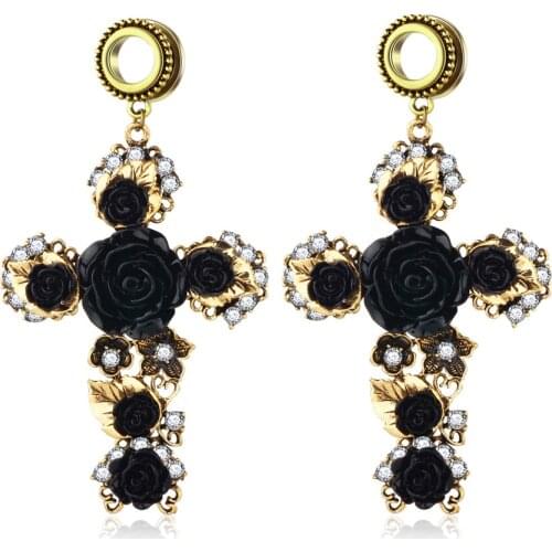 Fanpeijy Stainless Cross Black Rose Dangle Ear Gauges For Women Tunnels And Plugs Earrings Stretcher Expanders Piercing Set 2pcs
