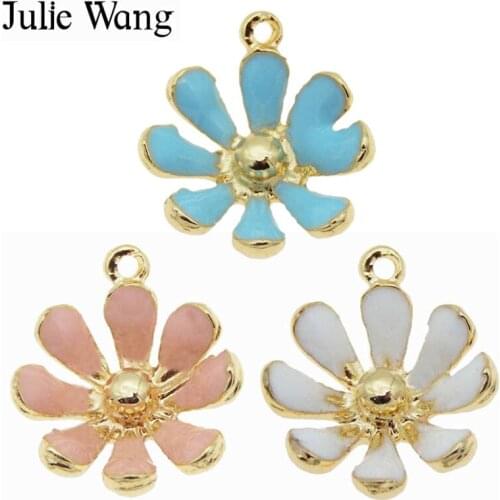 Julie Wang 10PCS Enamel Pink White Blue Daisy Sun Flower Charm Alloy Gold Tone Pendant Earring Bracelet Jewelry Making Accessory