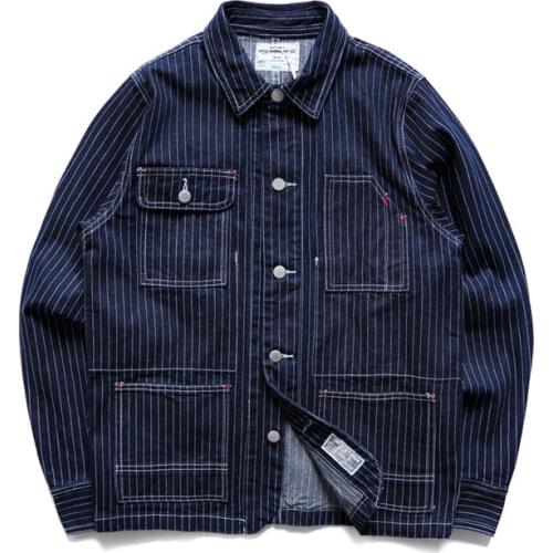 Amekaji Railway Multi Bag Tooling Denim Jacket Outdoor Combat Training Hiking Labor Cargo Climbing Locomotive Stripe Coat Men