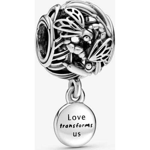 Genuine 925 Sterling Silver Openwork Dragonfly Love Charm Fits Pandora Bracelet DIY Beads for Jewelry Making Bijoux Fmme