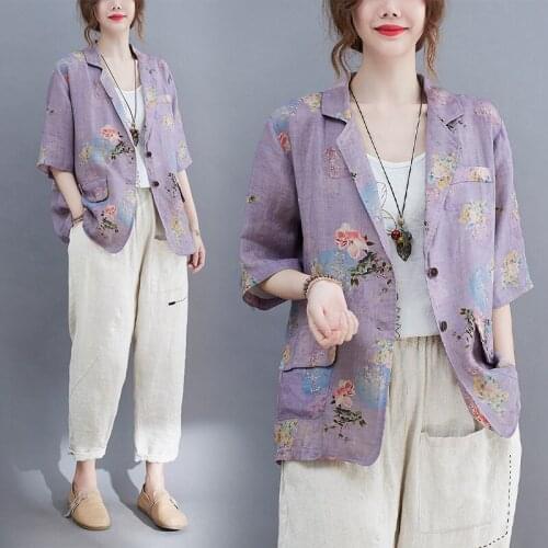 2021 Autumn Floral Printed Blazers Women Long Sleeve Thin Coats Spring Casual Single Button Tunic Top Female Plus Size Outerwear