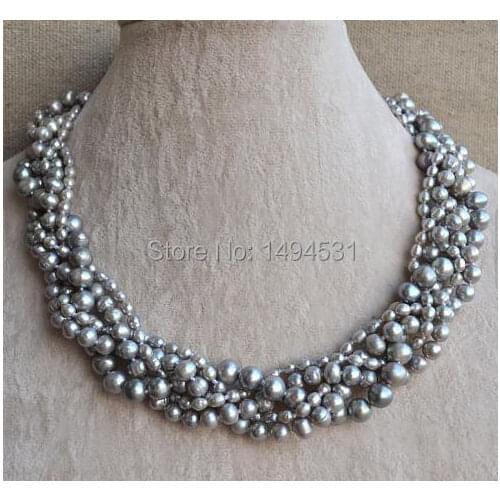 Wholesale Pearl Jewelry - 18 Inches Gray Color 5 Rows 3-8mm Genuine Freshwater Pearl Necklace - Handmade Wedding Jewelry