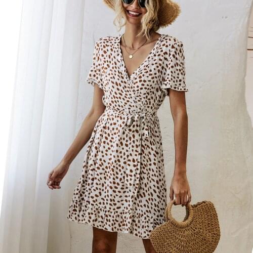 Puloru Casual Women Tie-up Ruffles Dress Summer Dots Short Sleeve V-neck High Waist Lace Trim A-Line Office Lady Dress