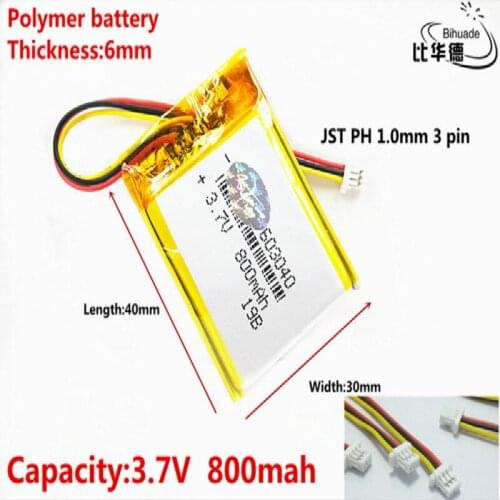 JST PH 1.0mm 3 pin Good Qulity 3.7V,800mAH 603040 Polymer lithium ion / Li-ion battery for tablet pc BANK,GPS,mp3,mp4