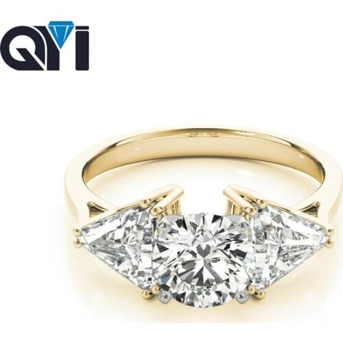 QYI Women Three Stone Engagement Ring Round cut 1 ct 14k Yellow gold Wedding Band Rings For Women