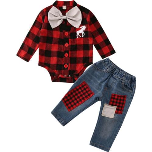 Christmas Toddler Kids Baby Boy Clothes Xmas Tops Long Sleeve Gentleman Bodysuit +Denim Pants 2PCS Outfits Set