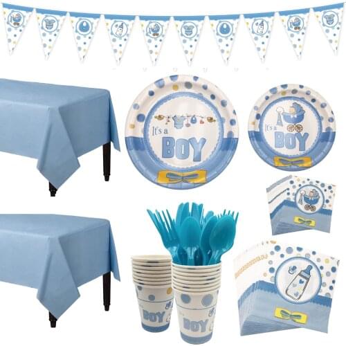 1Set Baby Shower Decoration Party Tableware Kid Birthday Paper Plate Cup Tablecloth Baby Shower Gender Reveal Party Supplies