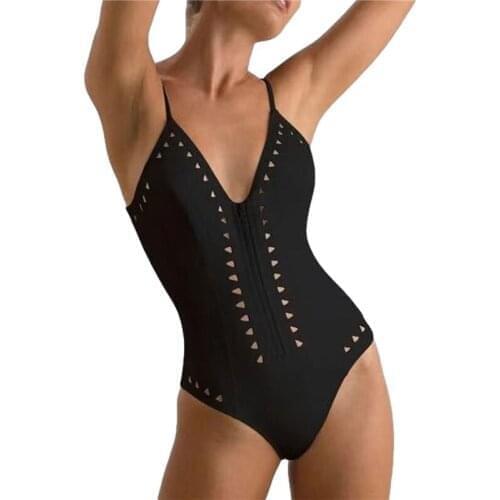 Sexy Women One-piece Bikini Personality Solid Color Zipper V-neck Backless Slim Fit Swimsuit One Piece Monokini Woman Swim Suit