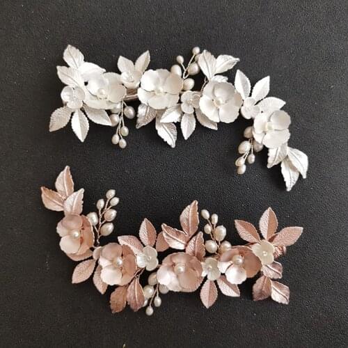 SLBRIDAL Handmade Alloy Ceramic Flower Leaf Freshwater Pearls Wedding Hair Clip Barrettes Bridal Headpieces Hair Accessories