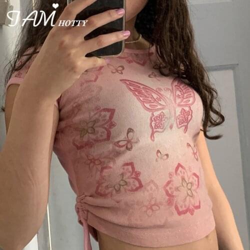 Pink Butterfly Pirnted Ruched Drawstring Cropped Top Tee Women Harajuku Y2K Short Sleeve Casual T-shirt O Neck Clothes Iamhotty