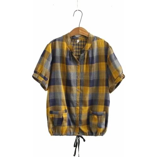 Plus size stand collar cotton plaid women losse short sleeve tshirts 2021 new summer casual pockets lady t shirts female top