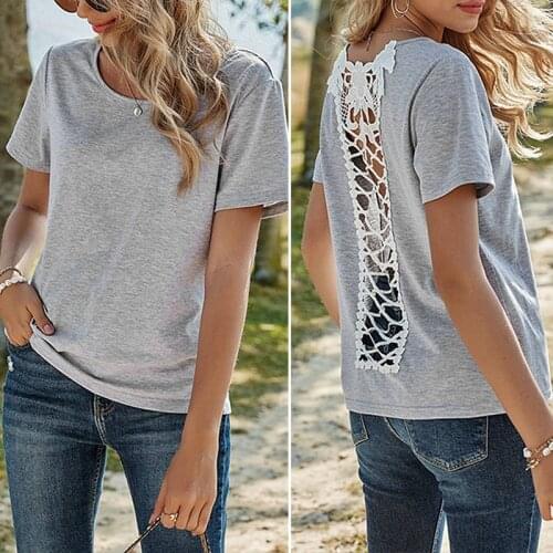 Hot kf-Womens Slim Solid Color Loose Round Neck Cross Open Back Lace Stitching Short Sleeve T-Shirt